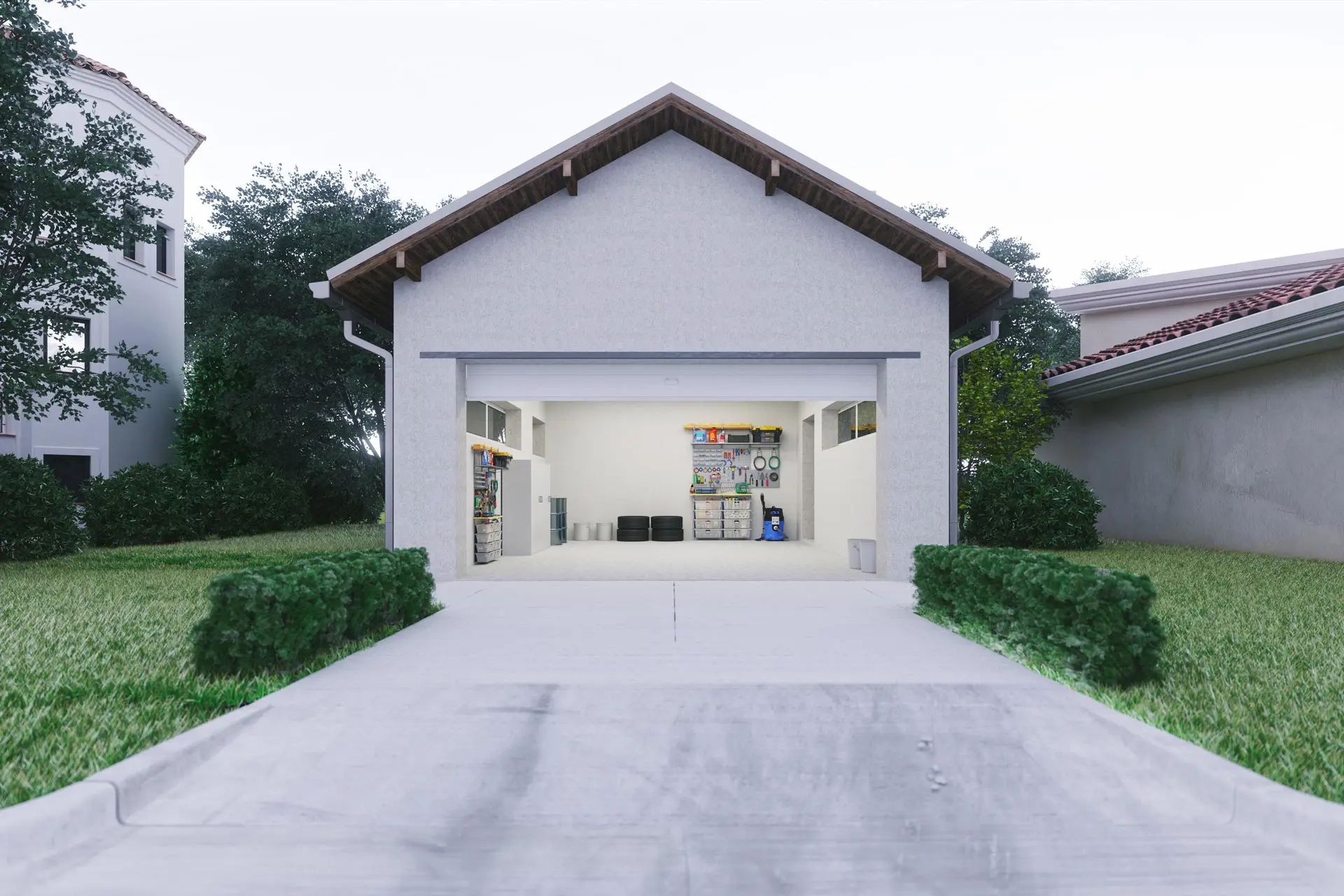 Open Garage With Concrete Driveway
